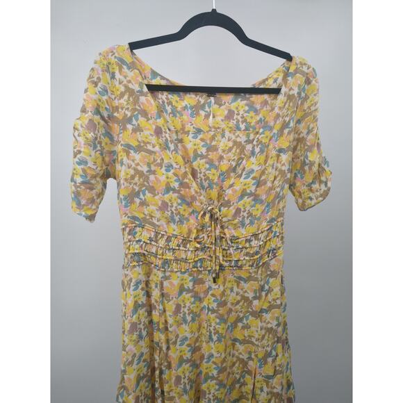 Free People Forget Me Not Mini Dress 8 Floral Ruched Short Sleeve Ivory Combo - Picture 7 of 15